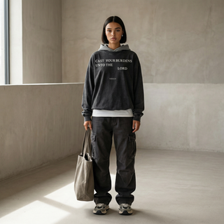 Person wearing a hoodie with text in a minimalistic room