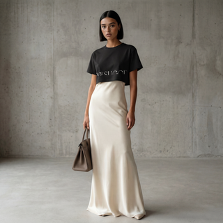 Woman wearing a black t-shirt and white skirt holding a brown handbag against a concrete wall.